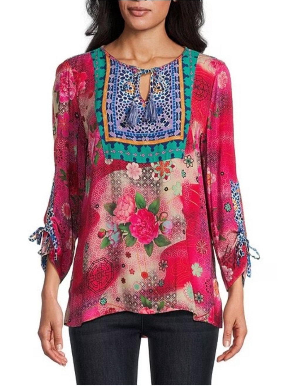 John Mark Womens Floral Tunic Top Size XL Pink 3/4 Sleeve Office Casual Boho